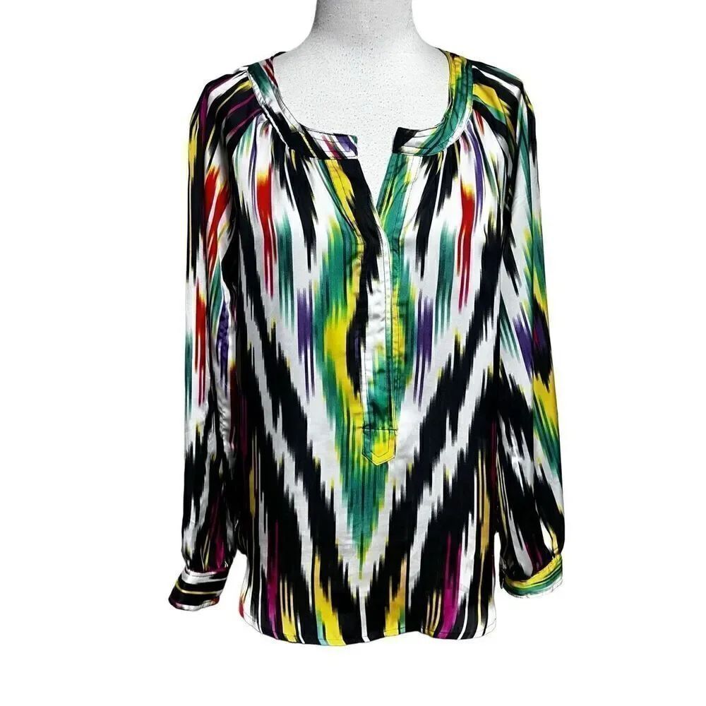 Patterson J Kincaid Colorful Geometric Long Sleeve Silk Blouse Size M